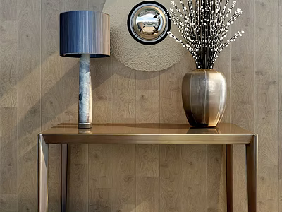 Golden Vase With White Flowers On Golden Table Wooden Wall Table Lamp Round Mirror 3d model