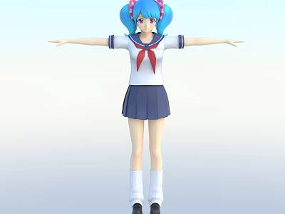 Anime Style Girl With Blue Pigtails Red Bow Sailor Uniform Arms Outstretched 3d model