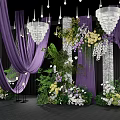 Elegant Wedding Ceiling Design with Purple Drapes Crystal Chandeliers and Floral Arrangements