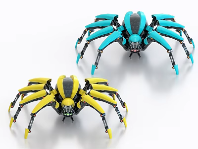 Two Blue And Yellow Spider Shaped Industrial Equipment With Multiple Legs 3d model