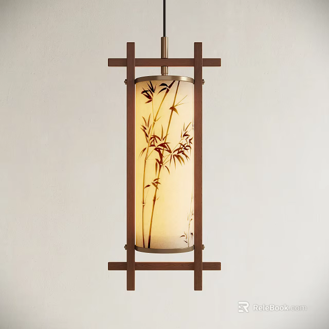 Japanese Style Pendant Light With Bamboo Pattern And Wooden Frame Design 3d model 