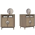Pair of Modern Light Wood Bedside Tables With Rattan Front Panels Round Mirrors and Books