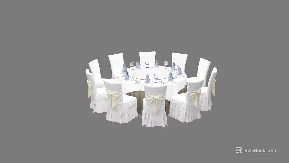 Elegant Round Dining Table Set with White Chairs Bow Ties And Tableware 3d model 