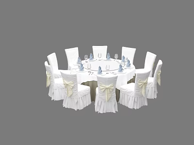 Elegant Round Dining Table Set with White Chairs Bow Ties And Tableware 3d model