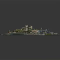 Ancient Coastal Fortress Architecture Model With Surrounding Waters Green Vegetation And Harbor