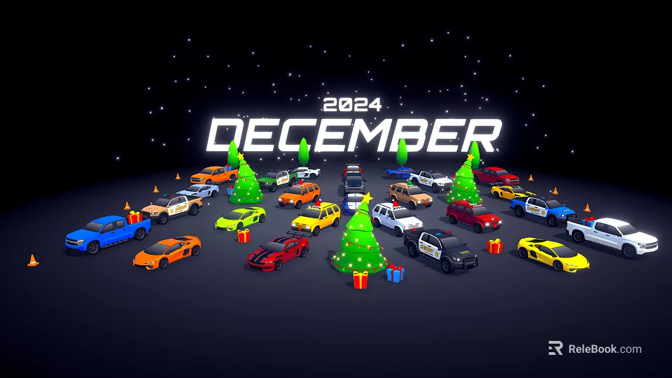 Colorful 2024 December Cars Display With Christmas Trees And Gifts 3d model 
