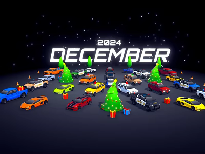 Colorful 2024 December Cars Display With Christmas Trees And Gifts 3d model