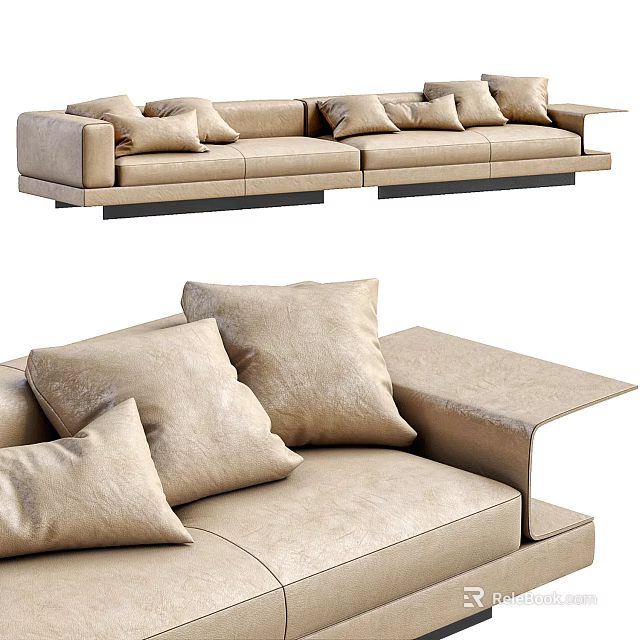 Comfortable Modern Beige Sectional Sofa With Multiple Plush Pillows And Side Table Extension 3d model