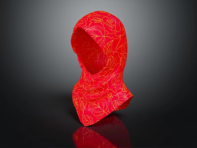 Elegant Red Headscarf With Intricate Yellow Floral Patterns On Black Background 3d model