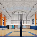 Basketball Gym Interior With Wooden Court Team Banners Scoreboard And Ceiling Lights
