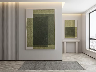 Modern Interior With Green And White Abstract Paintings On Wall And Wooden Floor 3d model