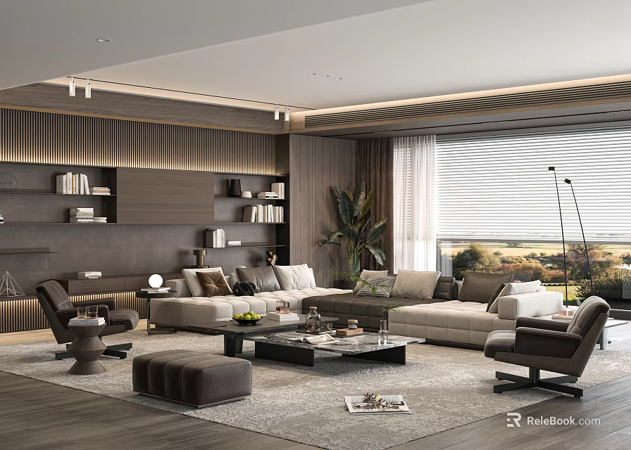 Modern Living Room Interior Design With Sofa Coffee Table Bookshelves And Plant 3d model 