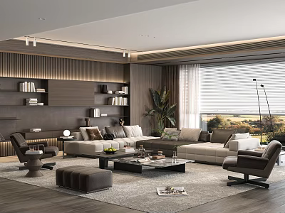 Modern Living Room Interior Design With Sofa Coffee Table Bookshelves And Plant 3d model