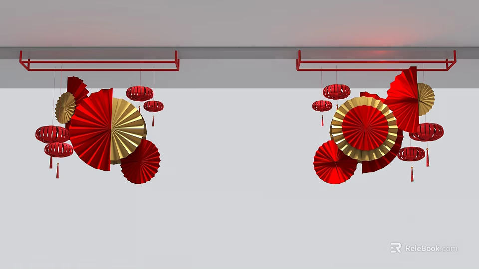 Commercial Decorative Equipment With Red Gold Fans And Lanterns Hanging Ceiling 3d model 