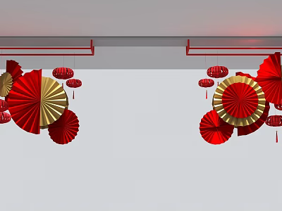 Commercial Decorative Equipment With Red Gold Fans And Lanterns Hanging Ceiling 3d model