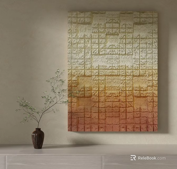 Geometric Pattern Wall Art With Gradient Colors And Brown Vase With Green Branches 3d model 
