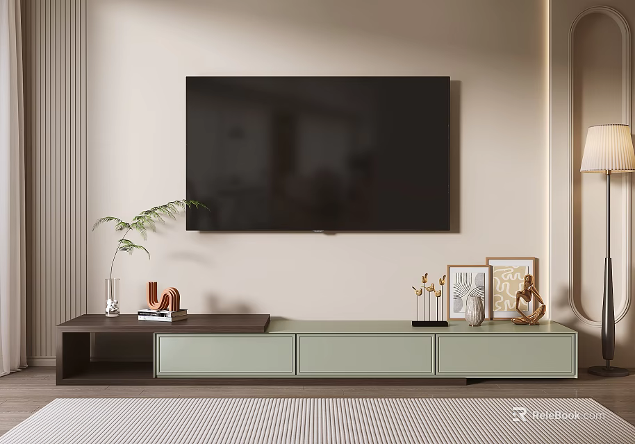 Minimalist Modern TV Stand With Wall Mounted TV Drawers Decorative Items Photo Frames And Green Plant 3d model 
