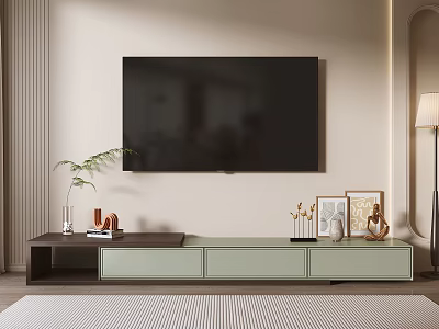 Minimalist Modern TV Stand With Wall Mounted TV Drawers Decorative Items Photo Frames And Green Plant 3d model