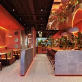 Elegant Modern Restaurant Interior With Wooden Tables Pendant Lights And Large Windows