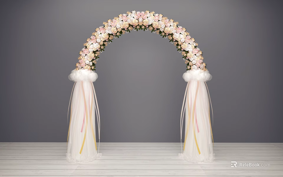 Elegant Flower Arch Featuring Pink White Flowers White Drapes And Ribbons 3d model 