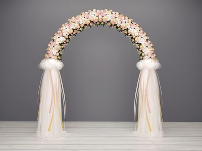 Elegant Flower Arch Featuring Pink White Flowers White Drapes And Ribbons 3d model