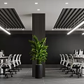 Modern Public Office Space With Desks Office Chairs Central Plant Striped Ceiling Linear Pendant Lights