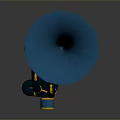 Blue Trumpet as Daily Living Item with Yellow Accents on Black Reflective Surface