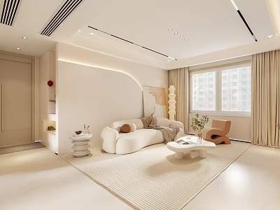 Modern Living and Dining Room Open Layout with Beige Sofa Coffee Table and Floor-to-Ceiling Window 3d model