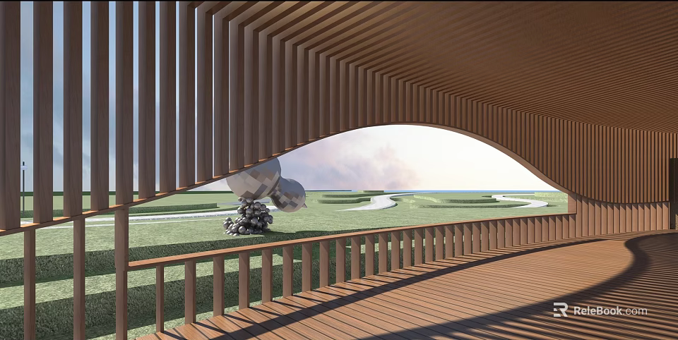 Garden Landscape With Curved Wooden Pergola Wooden Deck Railing And Winding Path On Lawn 3d model 