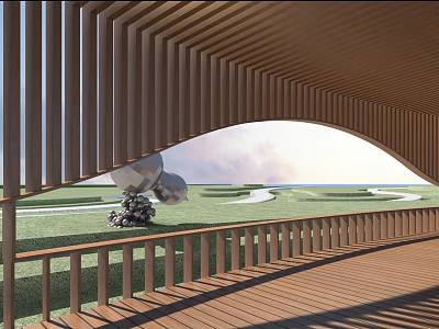 Garden Landscape With Curved Wooden Pergola Wooden Deck Railing And Winding Path On Lawn 3d model