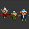 Three Festive Christmas Elves In Colorful Striped Outfits With Hats And Reflections