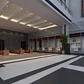 Modern Service Hall Interior With High Ceiling Chandelier White Pillars Reception Desk And Green Plants