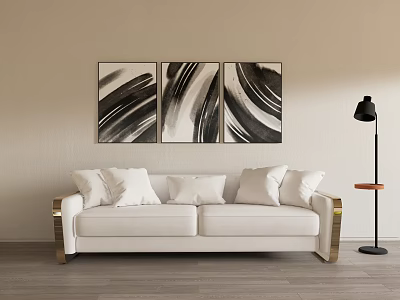 Modern White Two-Seater Sofa With Golden Metal Legs Abstract Paintings Floor Lamp And Side Table 3d model