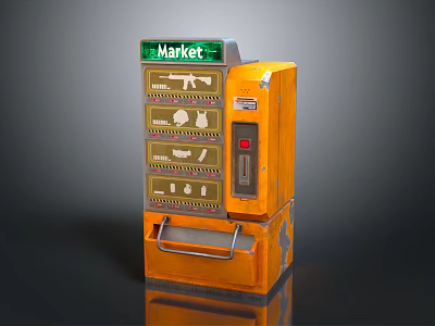 Orange Commercial Vending Machine with Green Market Sign and Multiple Product Slots 3d model