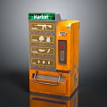 Orange Commercial Vending Machine with Green Market Sign and Multiple Product Slots
