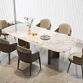 Modern Dining Table With Marble Top Six Chairs Vase And Fruits In Natural Light