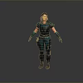 Female Game Movie Character In Green Black Combat Armor With Shoulder Pads And Gloves