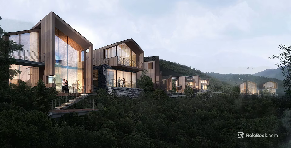 Aerial Planning of Modern Hillside Residential Architecture with Lush Forest Surroundings 3d model 