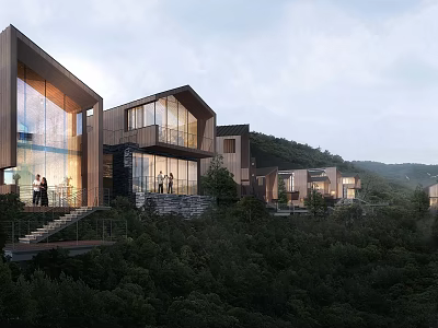 Aerial Planning of Modern Hillside Residential Architecture with Lush Forest Surroundings 3d model