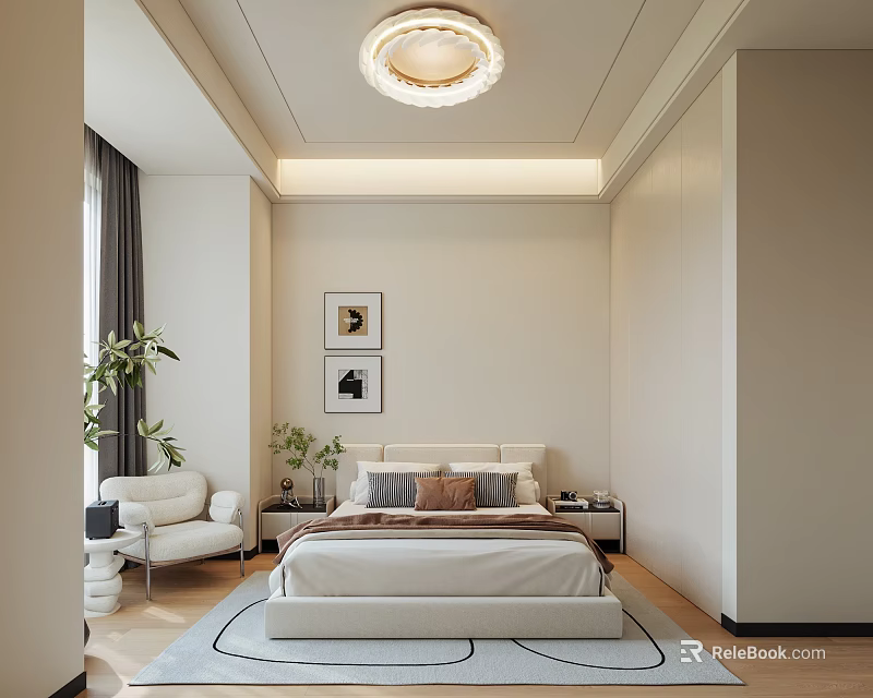 Elegant Modern Beige Bedroom With Round Ceiling Lamp Double Bed Green Plants And Area Carpet 3d model 
