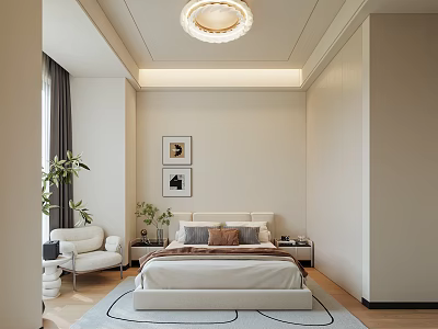 Elegant Modern Beige Bedroom With Round Ceiling Lamp Double Bed Green Plants And Area Carpet 3d model