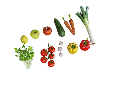 Fresh Assorted Vegetables Including Tomatoes Carrots Zucchini Garlic Bell Peppers and Herbs on White Background 3d model