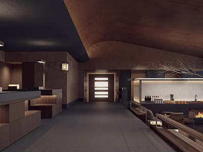 Modern Hotel Lobby Interior With Wooden Ceiling Bar Counter Warm Lighting And Fireplace 3d model