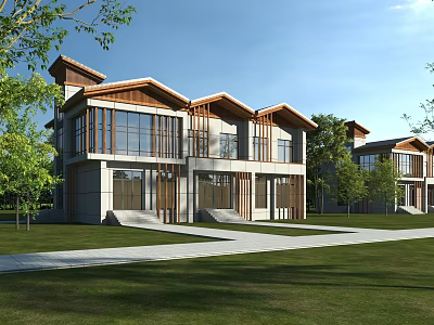 Modern Detached Villa Exterior With Large Windows Wooden Roof Lawn And Trees 3d model