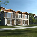 Modern Detached Villa Exterior With Large Windows Wooden Roof Lawn And Trees