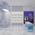 Modern Light Care Store Interior With White Shelves Blue Counter And Moon Decoration