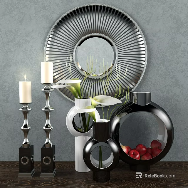 Modern Decorative Ornament Set with Mirror Candle Holders Vases White Flowers and Red Apples 3d model 