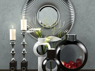Modern Decorative Ornament Set with Mirror Candle Holders Vases White Flowers and Red Apples 3d model