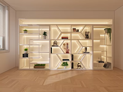 Modern Illuminated Hexagonal Display Shelf With Decorations 3d model