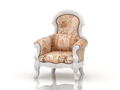 Classic Accent Chair with White Carved Frame and Floral Patterned Fabric 3d model